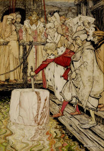 Arthur Rackham - ''How Galahad drew out the sword from the floating stone at Camelot''